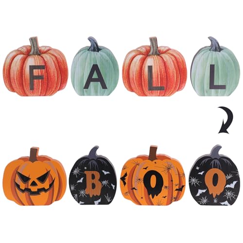 Herbstdekorationen für Zuhause und Halloween-Dekorationen im Innenbereich, DECSPAS doppelseitiges Kürbis-Holzschild mit Herbst- und Boo-Schriftzug, Herbst-Holzblock-Set für Tisch, gestuftes Tablett Herbstdekorationen für Zuhause und Halloween-Dekorationen im Innenbereich, DECSPAS doppelseitiges Kürbis-Holzschild mit Herbst- und Boo-Schriftzug, Herbst-Holzblock-Set für Tisch, gestuftes Tablett von DECSPAS
