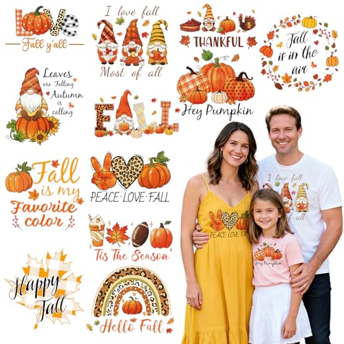 DECYOOL 12 Bögen Herbst-Bügelbilder für T-Shirts, Thanksgiving Wärmetransfers Vinyl Herbst Kürbis HTV DTF Transfers Fertig zum Drücken Fall Aufbügeln Aufkleber Patches für Kleidung Kissen Tasche DIY von DECYOOL