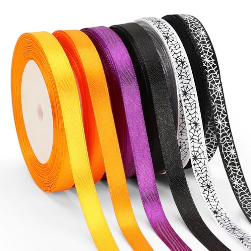 DECYOOL Halloween-Bänder, 127 m, Halloween-Satinband, Orange, Lila, Schwarz, Spinnennetz-Bänder für Party-Dekoration, Kränze, Bastelbedarf, 6 Rollen DECYOOL Halloween-Bänder, 127 m, Halloween-Satinband, Orange, Lila, Schwarz, Spinnennetz-Bänder für Party-Dekoration, Kränze, Bastelbedarf, 6 Rollen von DECYOOL