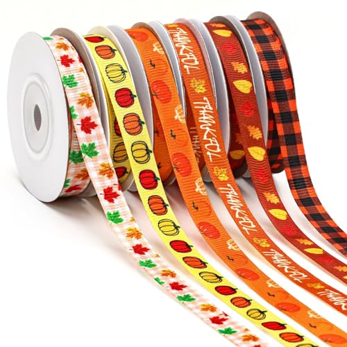 DECYOOL Herbstband, 6 Rollen 60 Yards Herbst Thanksgiving Ripsbänder 10 mm breit Orange Kürbis Ahornblatt Bastelband für Geschenkverpackungen Schleife Kranz von DECYOOL