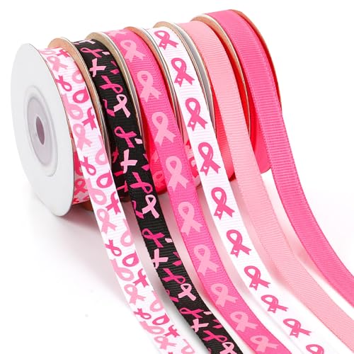 DECYOOL Ripsband für Brustkrebs-Bewusstseinsband, 6 Rollen, 60 Yards 10 mm breit, rosa Ripsband, Hoffnung, Schleife, Kranz, Band für Frauen, Geschenkverpackung, Party, Heimdekoration von DECYOOL