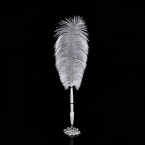 DEEBOW Straußenfeder-Stift, Kugelschreiber, Hochzeits-Federkiel, Signierstift mit Metallhalter (Silber) von DEEBOW