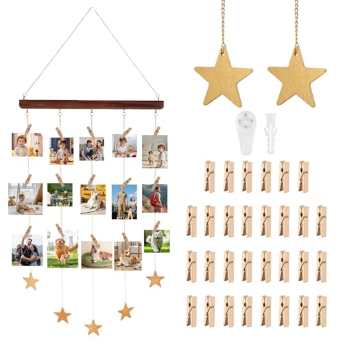 DEECOZY Bilderrahmen mit Klammern und Leine, Fotovorhang mit 30 Holzklammern klein,Wandbehang Fotowand Bilderrahmen Collage,Holz Photo Hanging Bilderrahmen für Geburtstag Hochzeit Weihnachten Jubiläum von DEECOZY