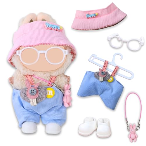 17 cm Puppenkleidung – Kawaii-Chic-Stil Set für 17 cm große Puppen, süßes Puppen-Outfit mit Zubehör, Latzhose + rosa und weiß karierte Sonnenblende + Kaninchentasche + weiße Schuhe + weiße Brille + 17 cm Puppenkleidung – Kawaii-Chic-Stil Set für 17 cm große Puppen, süßes Puppen-Outfit mit Zubehör, Latzhose + rosa und weiß karierte Sonnenblende + Kaninchentasche + weiße Schuhe + weiße Brille + von DEEMEIS