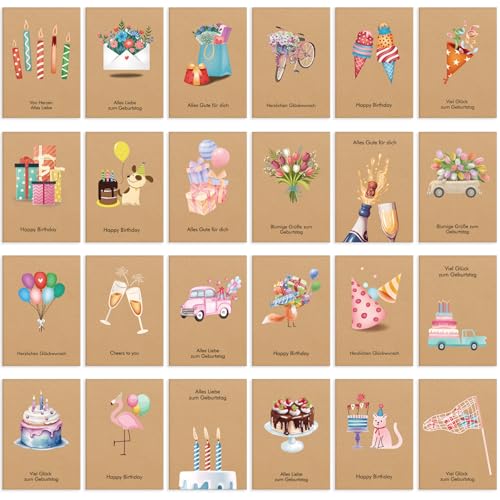 24 Geburtstagskarten | Glückwunschkarten zum Geburtstag mit Umschlägen | Set Glückwunsch Karten Happy Birthday mit 24 Designs aus Kraftpapier | Klappkarten Geburtstag für alle Altersgruppen 24 Geburtstagskarten | Glückwunschkarten zum Geburtstag mit Umschlägen | Set Glückwunsch Karten Happy Birthday mit 24 Designs aus Kraftpapier | Klappkarten Geburtstag für alle Altersgruppen von DEEPLAY