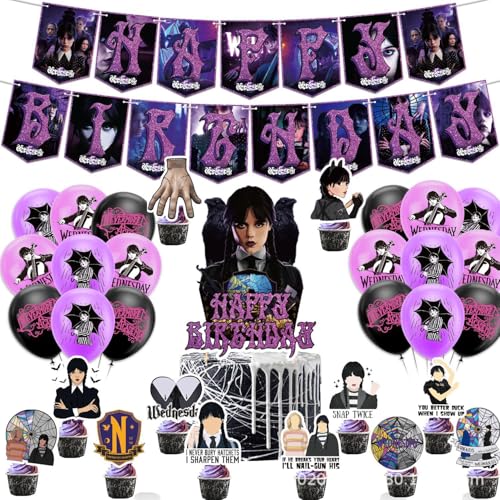 SHIjodueo 32pcs Wedesday Birthday Party Decorations Supplies Wednesday Birthday Decoration Wednesday Party Set including Happy Birthdays Banner Balloons Cake Toppers for Kids Birthdays von DEETREK