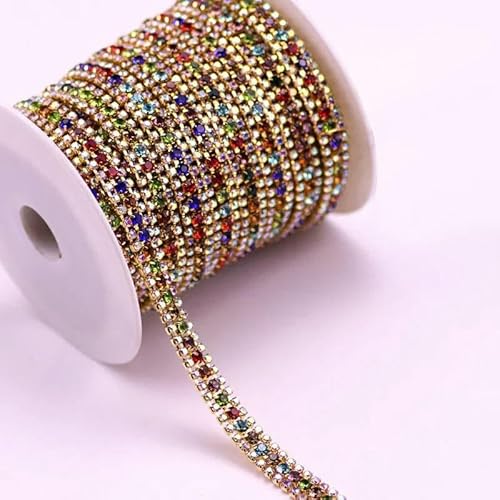 1/10 Yard, 3 Reihen, Kristall-AB-Strass-Cup-Kette, Gold-Silber-Basis mit Krallen, Kleiderdekoration, Applikation zum Aufnähen auf Kleidersäcke, 14ab, gemischte Farbe, 10 Yard 1/10 Yard, 3 Reihen, Kristall-AB-Strass-Cup-Kette, Gold-Silber-Basis mit Krallen, Kleiderdekoration, Applikation zum Aufnähen auf Kleidersäcke, 14ab, gemischte Farbe, 10 Yard von DEFRTG