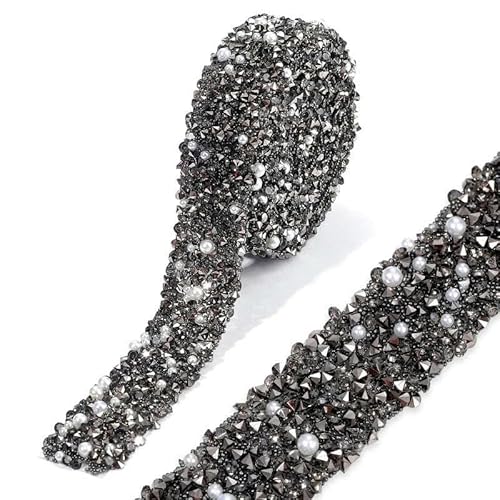 10/15 mm Strassperlenbesatz, Harz-Strass-Hotfix-Band zum Aufbügeln auf Kette für DIY-Kleidung, Schuhe, Kleiderdekor, Jet Pearl, 10 mm, 1 Yard von DEFRTG
