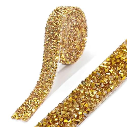 10/15 mm Strassperlenbesatz, Harz-Strass-Hotfix-Band zum Aufbügeln auf Kette für DIY-Kleidung, Schuhe, Kleiderdekor-Golden-15 mm-1 Yard von DEFRTG