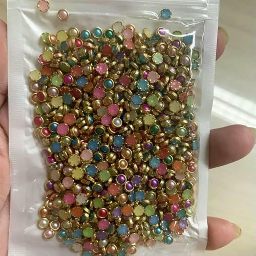 1000 Stück 4,0 mm Mix Farbe Perlennieten Mini Perlen Edelsteine mit goldenen Akzenträndern 3D Nail Art Flatback Bling Edelsteine Harz Acryl Flache Rückseite-Standard von DEFRTG
