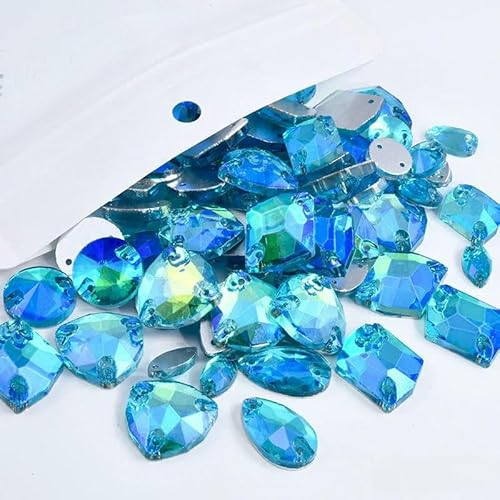 20/50/100 Stück Glas-Strasssteine in gemischter Form zum Aufnähen, Kristall-AB-Flatback-Steine für Kleidung, Hochzeitskleid-Dekoration, Aquamarin AB, gemischte Form, 50 Stück von DEFRTG