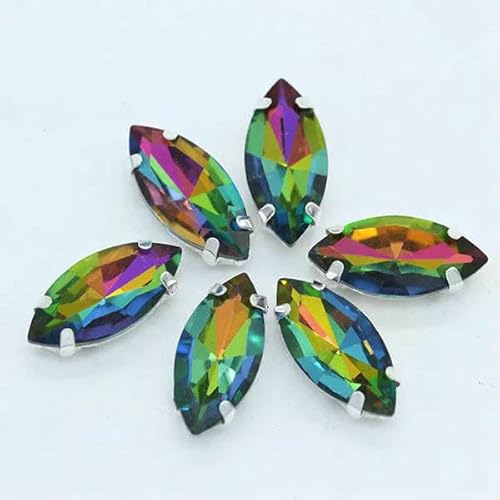 Alle Größen, 24 Farben, Kristallglas, flache Rückseite, zum Aufnähen, Strasssteine, silberner Krallenknopf für Schmuck, DIY-Kleidung, mittel, 30 Stück, 5 x 10 mm von DEFRTG