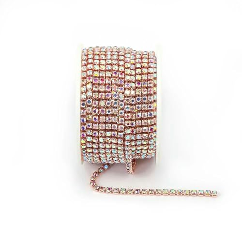 Bunte Strassketten, dichte, ausgefallene Kette, zum Nähen von Bekleidung, Glas-Strass-Cup-Kette mit bunter Basis, Roségold-Kristall AB-SS12 (3,0 mm), 4,5 m von DEFRTG
