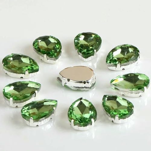 Glas-Strasssteine! Tropfenförmiger Diamant mit Kralle, zum Aufnähen, Tropfen-Strass, Metallbasis, Schnalle, Kristallstein für Kleidung, Peridot, 10 x 14,0 mm, 20 Stück von DEFRTG