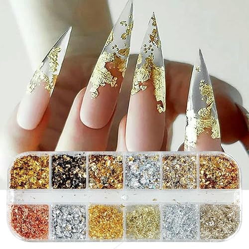 Gold-Silber-Folien, wunderschöne Nägel, Glitzer-Aluminiumflocken, Pailletten-Chip, Nageldesign, glänzende Glitzer, Nagelkunst-Dekoration, F-102 von DEFRTG