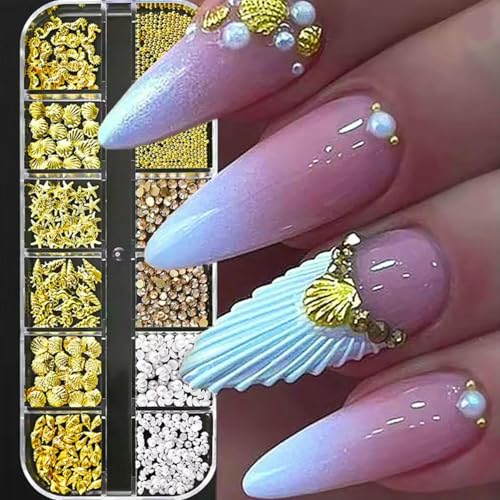 Ocean Gold Nail Art Charms Muschel/Seepferdchen/Seestern Halbrunde Perlen Edelsteine 3D Mixed Punk Maniküre Metall Nieten Ohrstecker-DZ-16 von DEFRTG