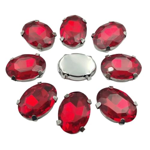 Ovale Glas-Strasssteine mit Kralle zum Aufnähen, Kristallstein, Strass, Diamant, Silber, Metallbasis, Kristalle für Handarbeiten, Rot, 18 x 25 mm, 10 Stück von DEFRTG