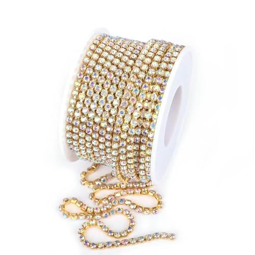 SS4.5-SS18 (1,5 mm-4,5 mm) Silber/Gold Rot AB Basis Kristall Dichte Strasskette Bekleidung Nähen Glas Strass Cup Kette-Gold Kristall AB-SS14 (3,5 mm)-10 Yards Rolle von DEFRTG
