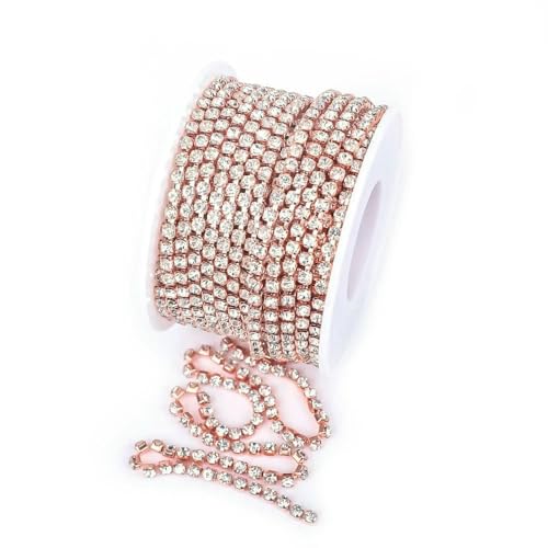 SS4.5-SS18 (1,5 mm-4,5 mm) Silber/Gold Rot AB Basis Kristall Dichte Strasskette Bekleidung Nähen Glas Strass Cup Kette-Roségold Kristall-SS18 (4,5 mm)-5yards Pack von DEFRTG