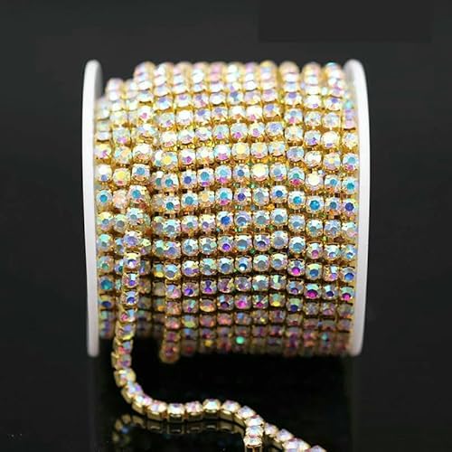 Yard 10 Yards/Rolle SS6-SS18 Glänzende Kristall-Strasskette zum Aufnähen und Aufkleben für Kleidung, Schmuck, Bekleidungszubehör, Zierketten, Tassenkette, Goldbasis AB-SS8 – 2,5 mm – 10 Yards – R von DEFRTG