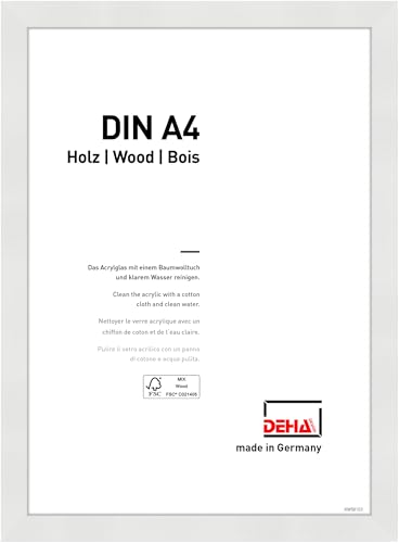 DEHA Design Bilderrahmen Fontana, 21 x 29,7 cm (A4), Weiß, Holz, für Poster und Bilder, bruchsicheres Acrylglas, Hoch- und Querformat, stabile Rückwand von DEHA Design