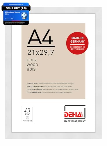 DEHA Design Bilderrahmen, 21 x 29,7 cm (A4), Holz, Weiß, Dokumentenrahmen zum Aufhängen im Hoch- & Querformat, bruchsicheres Kunstglas, Fontana DEHA Design Bilderrahmen, 21 x 29,7 cm (A4), Holz, Weiß, Dokumentenrahmen zum Aufhängen im Hoch- & Querformat, bruchsicheres Kunstglas, Fontana von DEHA Design