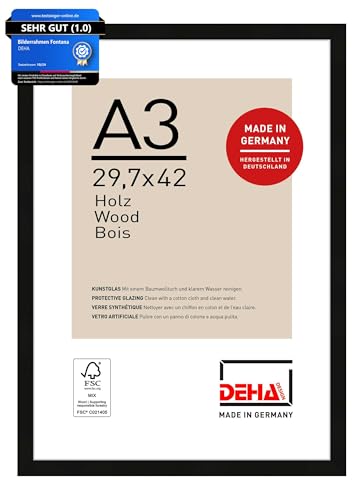 DEHA Design Bilderrahmen, 29,7 x 42 cm (A3), Holz, Schwarz, Posterrahmen zum Aufhängen im Hoch- & Querformat, bruchsicheres Kunstglas, Fontana DEHA Design Bilderrahmen, 29,7 x 42 cm (A3), Holz, Schwarz, Posterrahmen zum Aufhängen im Hoch- & Querformat, bruchsicheres Kunstglas, Fontana von DEHA Design
