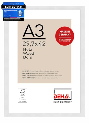 DEHA Design Bilderrahmen, 29,7 x 42 cm (A3), Holz, Weiß, Posterrahmen zum Aufhängen im Hoch- & Querformat, bruchsicheres Kunstglas, Fontana DEHA Design Bilderrahmen, 29,7 x 42 cm (A3), Holz, Weiß, Posterrahmen zum Aufhängen im Hoch- & Querformat, bruchsicheres Kunstglas, Fontana von DEHA Design
