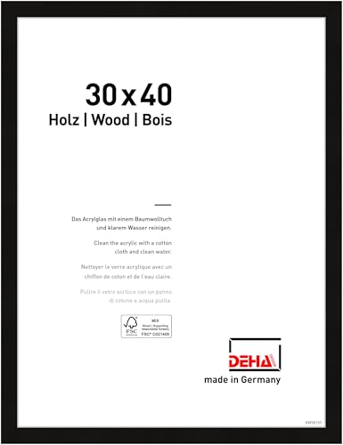 DEHA Design Bilderrahmen Fontana, 30 x 40 cm, Schwarz, Holz, für Poster und Bilder, bruchsicheres Acrylglas, Hoch- und Querformat, stabile Rückwand von DEHA Design