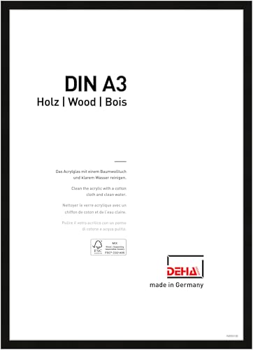 DEHA Design Bilderrahmen Fontana, 42 x 59,4 cm (A2), Schwarz, Holz, für Poster und Bilder, bruchsicheres Acrylglas, Hoch- und Querformat, stabile Rückwand von DEHA Design