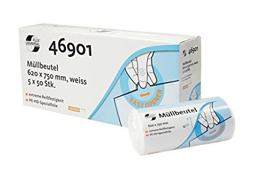 DEISS UNIVERSAL PLUS Müllbeutel 60 Liter, weiß, 250 Stück (5x50 Stück) von DEISS