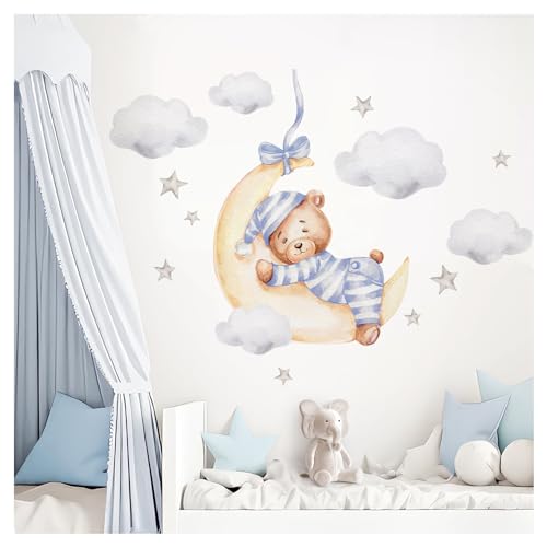 DEKO KINDERZIMMER Wandsticker Bär mit Mond Kinderzimmer Wandtattoo Wandaufkleber Wolken Sterne Babyzimmer Wanddeko DK1063-2 von DEKO KINDERZIMMER