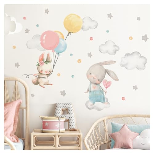 DEKO KINDERZIMMER Wandsticker Hasen mit Luftballons Kinderzimmer Wandtattoo Wandaufkleber Wolken Sterne Babyzimmer Wanddeko DK1064-3 von DEKO KINDERZIMMER
