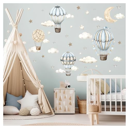 DEKO KINDERZIMMER Wandsticker Heißluftballon Wandtattoo Aquarell Wolken Mond Wandaufkleber für Babyzimmer Boho Jungen Schlafzimmer Wanddeko DK1136-04 von DEKO KINDERZIMMER