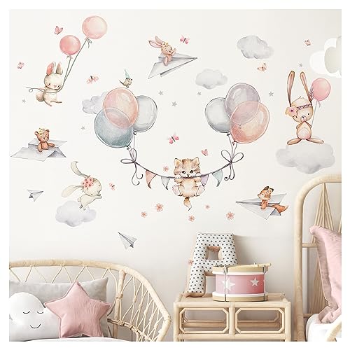 DEKO KINDERZIMMER Wandsticker Katze Luftballons Wandtattoo rosa Babyzimmer Wandaufkleber Hase Kinderzimmer selbstklebend Wanddeko DK1139-05 von DEKO KINDERZIMMER