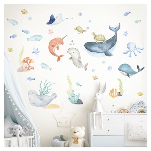 DEKO KINDERZIMMER Wandsticker Meerestiere Wal Kinderzimmer Wandtattoo Wandaufkleber Ozean Unterwasserwelt Delphin Babyzimmer Wanddeko DK1065-4 von DEKO KINDERZIMMER