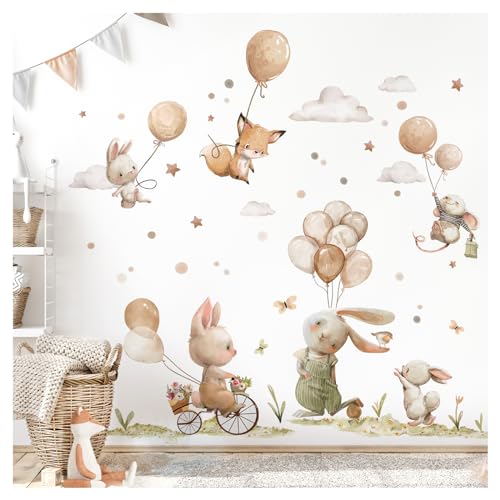 DEKO KINDERZIMMER Wandsticker Waldtiere Boho Wandtattoo Babyzimmer beige Luftballons Sterne Wandaufkleber Kinderzimmer selbstklebend Wanddeko DK1145-05 von DEKO KINDERZIMMER