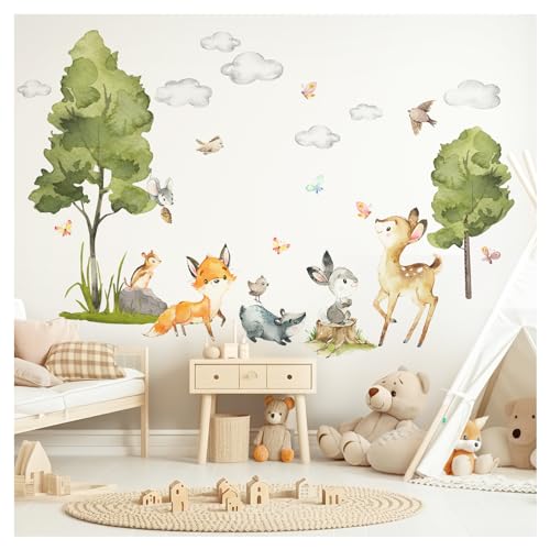 DEKO KINDERZIMMER Wandsticker Waldtiere Fuchs Kinderzimmer Wandtattoo Wandaufkleber Reh Hase Dachs Vögel Babyzimmer Wanddeko DK1071-5 von DEKO KINDERZIMMER