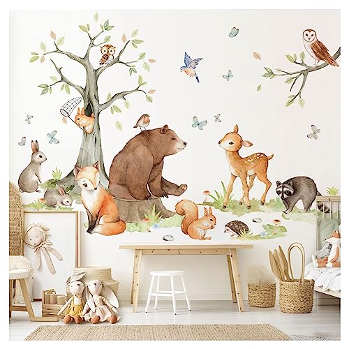 DEKO KINDERZIMMER Wandsticker XXL Waldtiere mit Baum Wandtattoo für Babyzimmer Wandaufkleber Kinderzimmer Wanddeko DK1109-5 von DEKO KINDERZIMMER