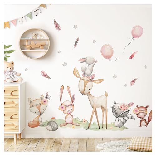 DEKO KINDERZIMMER Wandtattoo Waldtiere Set Wandsticker Reh Hase Fuchs Kinderzimmer Wandaufkleber Ballon Babyzimmer Wanddeko DK1098-4 von DEKO KINDERZIMMER