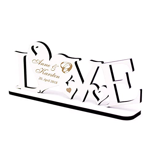DEKO AUFSTELLER mit Herzen & Ringen LOVE - Ihre Personalisierung Wunschtext - Größe 20 x 8 cm | Dekolando Home Accessoires von DEKO-LANDO