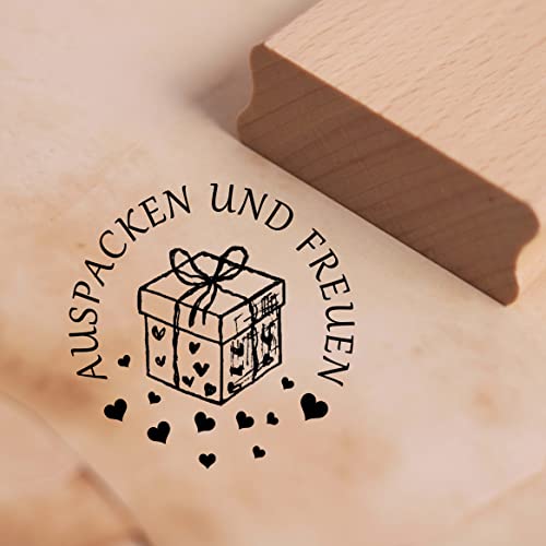 Motivstempel Auspacken und freuen - Stempel Geschenk Herzen - 38mm x 38mm von DEKO-LANDO