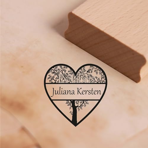 Dekolando Ex Libris Stempel personalisiert mit Namen und Motiv Herz Baum - Exlibris Buchstempel Holzstempel Buch Kennzeichnung Name (Herz mit Baum) von DEKOLANDO