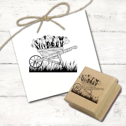 Dekolando Motivstempel Schubkarre mit Tulpen - Stempel Frühling Holzstempel Garten Frühlingsmotiv - Abdruck 48 x 38 mm von DEKOLANDO