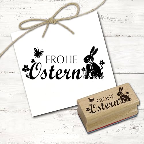 Dekolando Stempel Frohe Ostern Schriftzug Osterhase - Motivstempel Holzstempel Osterstempel - Abdruck 68 x 28 mm von DEKOLANDO