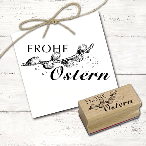 Dekolando Stempel Frohe Ostern Weidenkätzchen Motivstempel Frühling Holzstempel Osterstempel - Abdruck 68 x 28 mm von DEKOLANDO