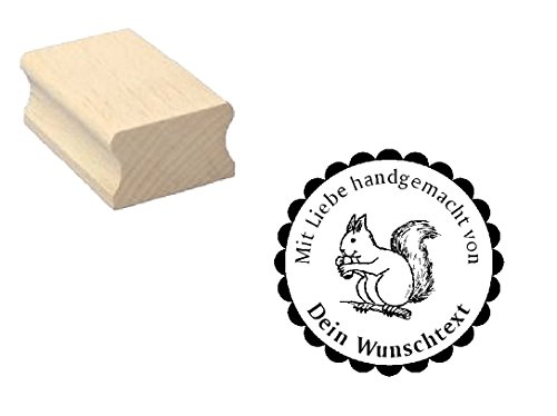 Handmade Stempel « Mit Liebe handgemacht - EICHHÖRNCHEN » mit persönlichem Wunschtext - Motivstempel - Scrapbooking Embossing Basteln Handarbeit von DEKOLANDO