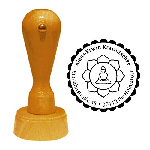 Stempel Adressstempel « BUDDHISMUS » Durchmesser ca. Ø 40 mm - mit persönlicher Adresse und Motiv - Buddhist Religion Indien Meditation Buddha von DEKOLANDO