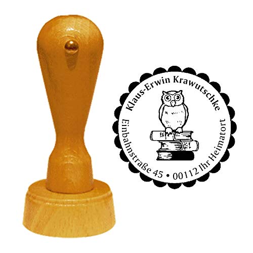 Stempel Adressstempel « EULE auf BÜCHERN 01 » Durchmesser ca. Ø 40 mm - mit persönlicher Adresse und Motiv - Uhu Bücherei Bibliothek Nachteule Bibliothekar von DEKOLANDO