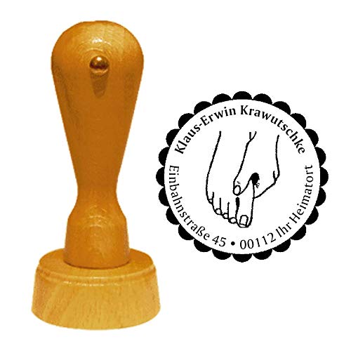 Stempel Adressstempel « FUßPFLEGE 01 » Durchmesser ca. Ø 40 mm - mit persönlicher Adresse, Motiv und Zierrand - Beruf Podologe Fußmassage von DEKOLANDO